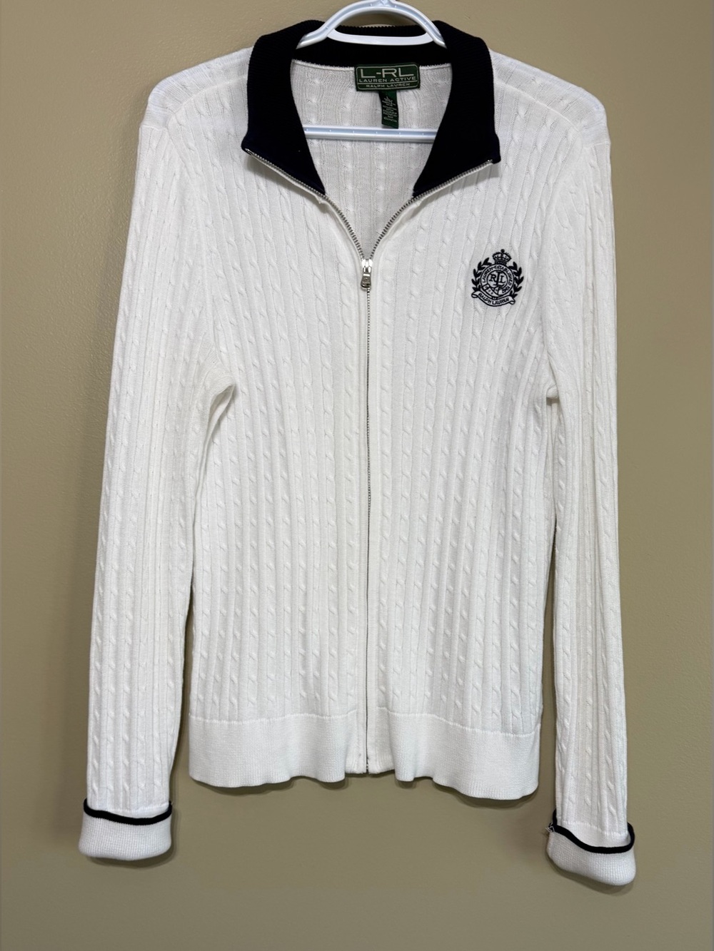 Vintage Y2K Lauren Ralph Lauren Active Cable Knit Preppy Crest Full Zip Sweater